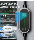 Portable Type 1 Electric Vehicle Charger 3.5Kw 16A with smart LCD display showing charging data and button functions.