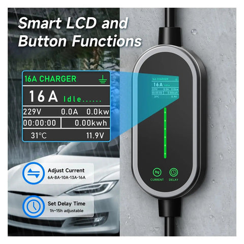 Portable Type 1 Electric Vehicle Charger 3.5Kw 16A with smart LCD display showing charging data and button functions.