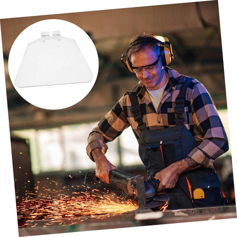 Man using grinder with sparks, inset of 4 Pack Transparent Bench Grinder Guard Shields Eye Shield Replacement for Workshop Use