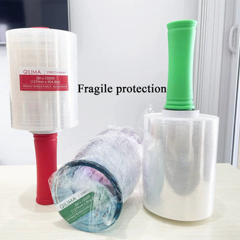 Pro Level Clear Industrial Stretch Wrap, Tough As Nails 80 Gauge Self Adhering Pallet Film For A Tight Lockdown Fit During Moving Or Long Term Storage, 5 Inch Rolls 1000 Feet, Four Pack With Snug Carry Handle