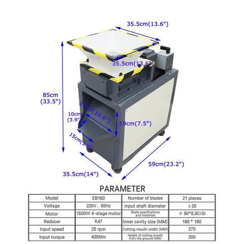 Heavy Duty 220V Industrial Dual Shaft Shredder With 21 Pc 9CrSi Alloy Blades 1.5KW Motor, front view, specifications displayed.