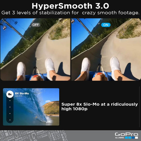 Comparison of HyperSmooth 3.0 stabilization effects on Waterproof Action Camera With Front LCD And Rear Touch Screens, 5K Ultra HD Video, 23.6MP Sensor For High Detail Photos, 1080P Live Streaming, Webcam Mode, Advanced Stabilization And Horizon Leveling For Smooth Shots On Every Adventure with slo-mo surfing footage