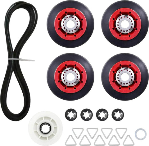 Complete Dryer Repair Kit Featuring Four Drum Support Rollers An Idler Pulley Assembly And Durable Belt To Quiet The Racket And Restore Buttery Smooth Operation For Your Laundry Gear with four black and red rollers, a belt, and small components.