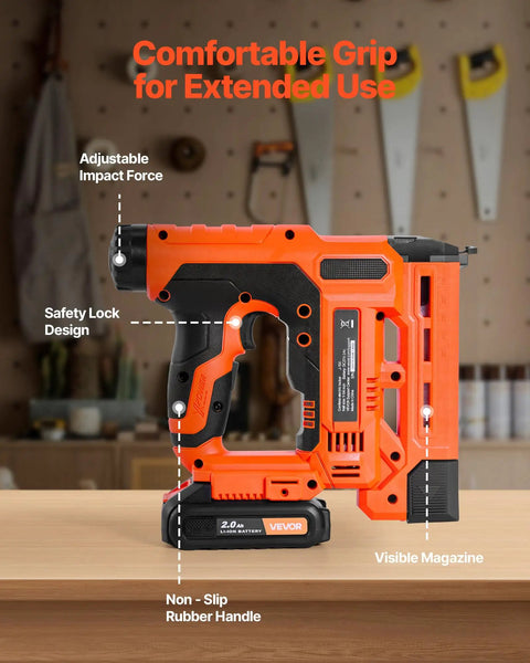 Cordless Brad Nailer And Staple Gun Smooth Shooter Kit For Woodworking, 18 Gauge Drives Fasteners Up To One Point Two Five Inches With Battery Charger Plus Five Hundred Nails And Soft Rubber Grip For Real American Diy Craftsmen