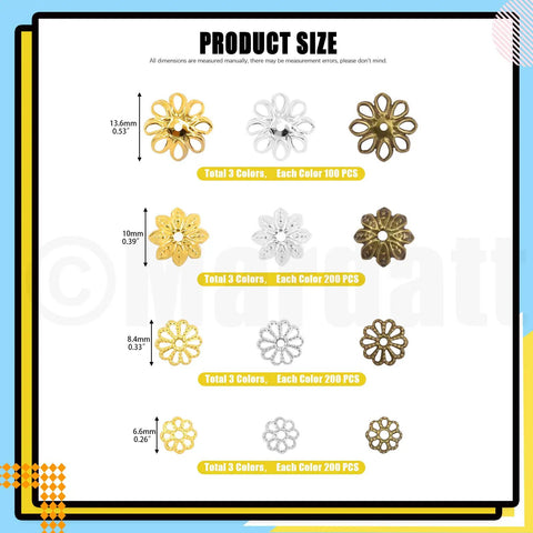 Massive 2100 Piece Bead Caps Kit With 12 Styles In Gold Silver Bronze Hollow Flower End Caps For DIY Jewelry Making Earring Pendant Supplies In 7mm 9mm 10mm And 14mm showing various sizes and colors of bead caps.