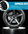 Rock Solid 4 Pack Snap On Wheel Center Caps For 2016 To 22 Nissan Sylphy Altima shown on sleek black wheel, showing easy clip design.