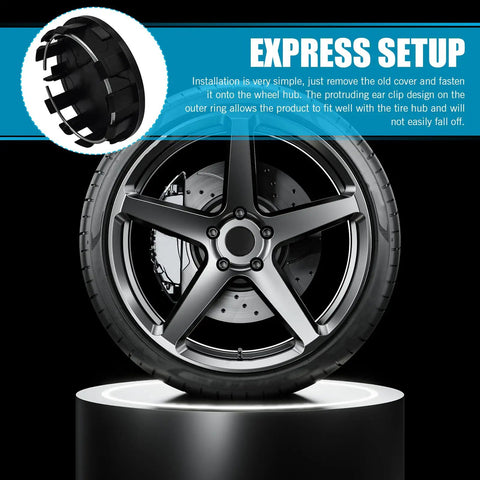 Rock Solid 4 Pack Snap On Wheel Center Caps For 2016 To 22 Nissan Sylphy Altima shown on sleek black wheel, showing easy clip design.