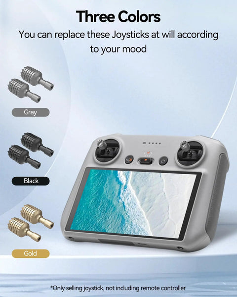 Remote Controller Joystick Sticks Replacement Set For DJI RC RC2 displayed in gray, black, and gold colors