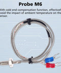 Industrial grade K-Type thermocouple sensor with cold end compensation, wire connectors, and durable braided cable for precise temperature measurement.