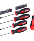 All In One 215 Piece Home Repair Tool Set With 12 Inch Wide Mouth Storage Bag featuring red and black screwdrivers and bits