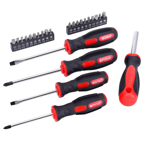 All In One 215 Piece Home Repair Tool Set With 12 Inch Wide Mouth Storage Bag featuring red and black screwdrivers and bits