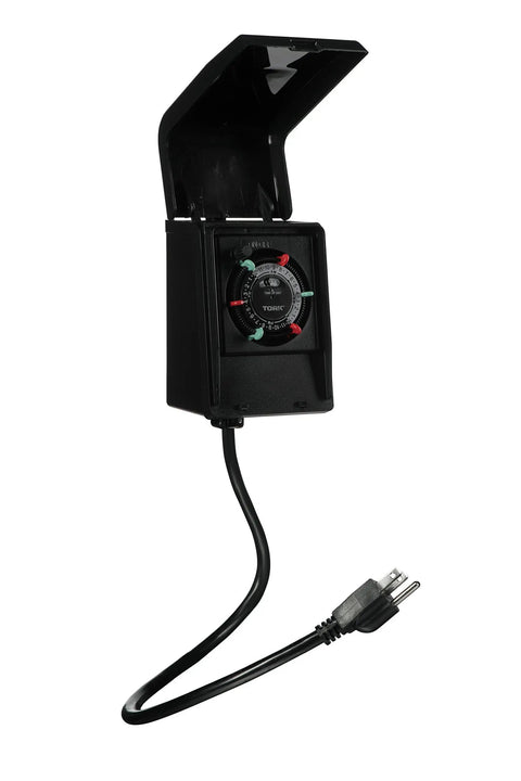 Heavy Duty Plug In Mechanical Timer 15 Amp Dual Receptacle with sturdy black cover and green/red trippers. Indoor outdoor use.