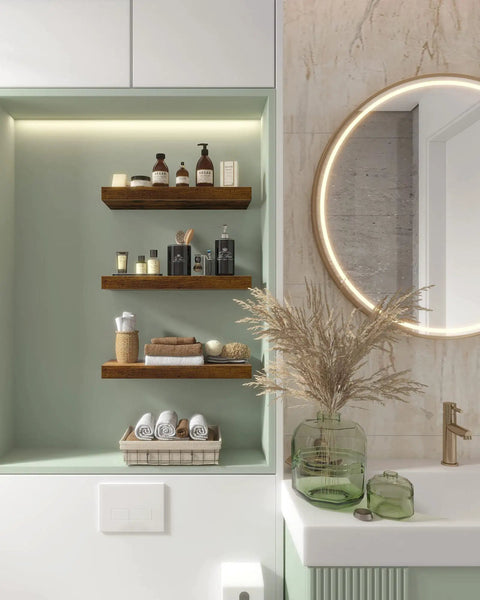 15 Inch Floating Shelves Set Of 4 With Hidden Brackets Rustic Brown Wall Mounted Shelves For Living Room Bathroom Bedroom And Kitchen Decor Retro Style Easy DIY Install Space Saver displaying toiletries in a bathroom.