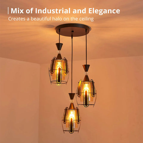 Three Light Industrial Pendant Lights With Amber Glass Shade And Adjustable 0 To 47 Inch Rubber Cord Black Metal Cage
