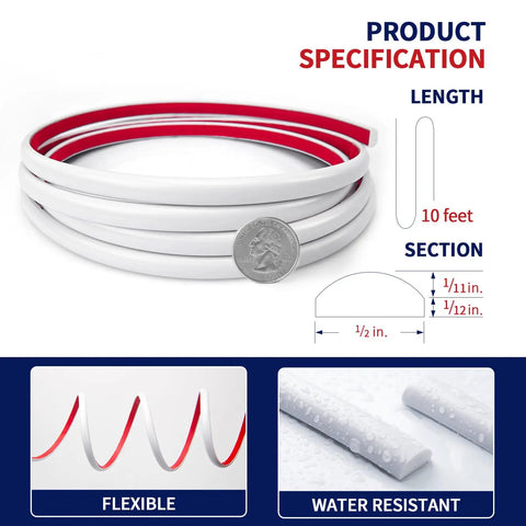 10 Ft Flexible Peel And Stick Trim Molding For Backsplash Edges Self Adhesive Wall Trim For Corner Decor White Waterproof And Dustproof With Strong Adhesion No Glue Needed Easy To Install Durable PVC Trim with specifications showing dimensions and features.