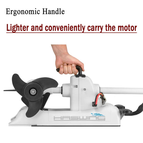 Pro Grade Electric Trolling Motor 80 Lbs Thrust 48 Inch Shaft Bow Mount with ergonomic handle for easy carrying.