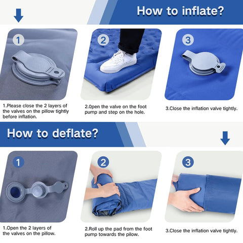 Instructions for inflating and deflating Double Camping Sleeping Pad Comfy 6 Inch Thick Self Inflating 2 Person Mat