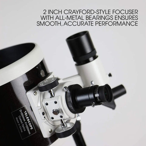 Close-up of Flextube 200 Dobsonian 8 Inch Collapsible Telescope focuser and bearings, showcasing smooth performance.