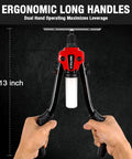 Heavy Duty Two Handed One Quarter Inch Pop Rivet Gun Kit With 350 Aluminum Rivets Five Nosepieces Built In Shaft Catcher For Van Gutter And Automotive Projects NT300 Set with ergonomic long handles, 13-inch measurement shown.