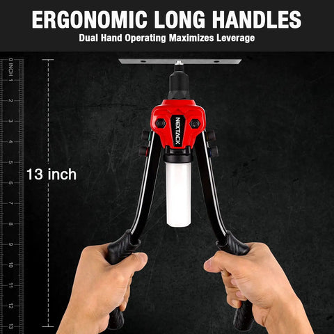 Heavy Duty Two Handed One Quarter Inch Pop Rivet Gun Kit With 350 Aluminum Rivets Five Nosepieces Built In Shaft Catcher For Van Gutter And Automotive Projects NT300 Set with ergonomic long handles, 13-inch measurement shown.