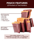 4 Pouch Pro Fastener Bag All Leather Tool Tote With 10 Pockets And Tool Holders, detailed view showing pockets and leather finish.