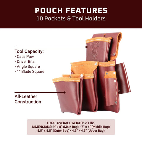 4 Pouch Pro Fastener Bag All Leather Tool Tote With 10 Pockets And Tool Holders, detailed view showing pockets and leather finish.