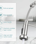 Smooth Operator Pull Down Kitchen Faucet With Brushed Nickel Finish showing 360 degree swivel spout and pull out sprayer.