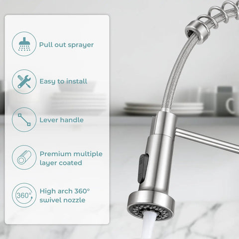 Smooth Operator Pull Down Kitchen Faucet With Brushed Nickel Finish showing 360 degree swivel spout and pull out sprayer.