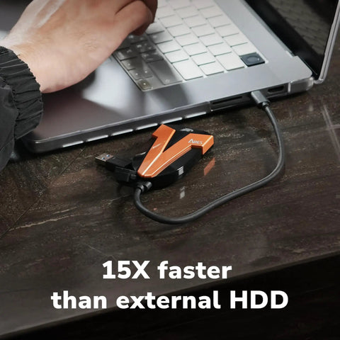 External 4TB SSD Portable Drive With USB 3.2 Gen 2x2 Type C OTG Support Rugged IP67 Waterproof And Shock Resistant shown with laptop.