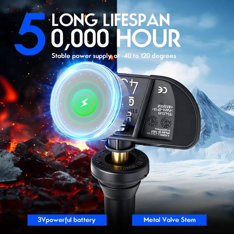 Hella Smooth Ride TPMS Tire Pressure Monitor Sensor Quick Install Replacement with metal valve stem and rechargeable battery.