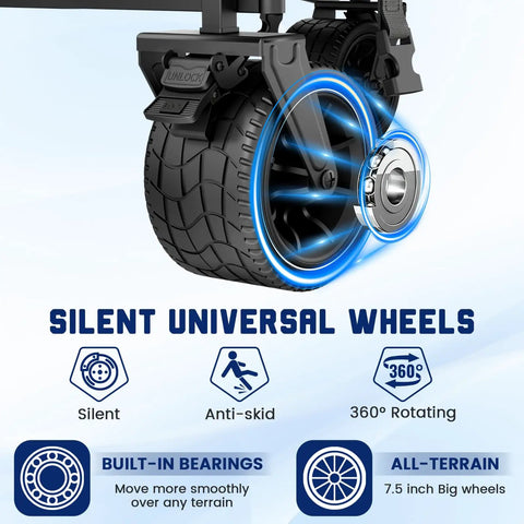 Close-up of Heavy Duty Folding Wagon 2-In-1 Collapsible Cart For All Terrain wheel showing brakes and silent bearings.