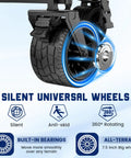 Close-up of all-terrain wheels with brakes on Heavy Duty Folding Wagon 2 In 1 Cart And Beach Chair, showing 360° rotation and anti-skid features.