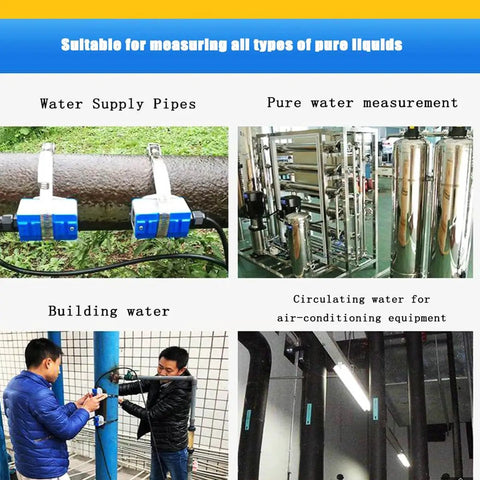 Installation of waterproof ultrasonic flow meter with RS485 IP67, clamp on sensor TM 1 on various pipes for liquid measurement.