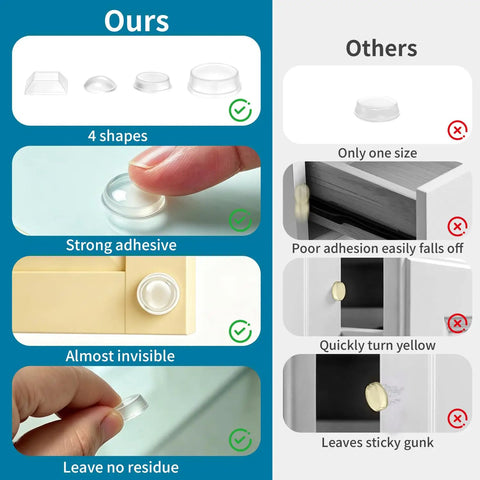 Smooth Operator Premium Cabinet Bumpers Self Adhesive Silicone Pads For Quiet Doors And Kitchen Drawers Furniture Protectors Anti Collision Guards 127 Piece Set comparison chart showing adhesion strength and shapes.