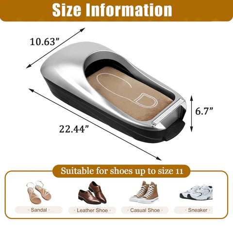 Automatic Shoe Cover Dispenser With Walk Through Overshoe Film Skip The Squat Hands Free Stainless Steel Blade Walk Thru Guard Fits US Size 11 dimensions 22.44x10.63x6.7 inches.