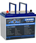 Weize LiFePO4 12.8V 100Ah lithium iron phosphate deep cycle rechargeable battery with caution label.