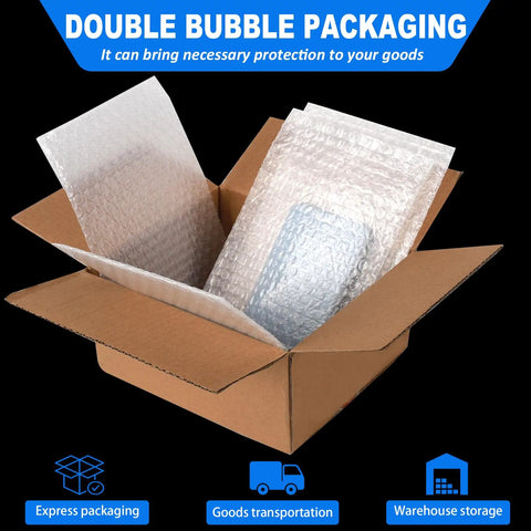 Pro Grade Protective Bubble Pouch Wrap Bags 8x10 Inch 30 Pack in open cardboard box, double wall thick shockproof clear cushioning bags for moving.