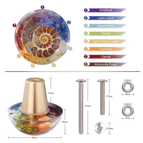 Chakra Drawer Knobs With Screws Set Of 2 Ammonite Fossil Resin Crystal Stone Pulls Handle showing knob and screws