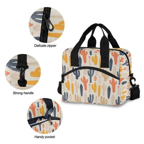 Desert Cacti Insulated Lunch Cooler Bag 10L Leakproof Portable with durable 300D Oxford, reinforced handles, zipper, and pocket.