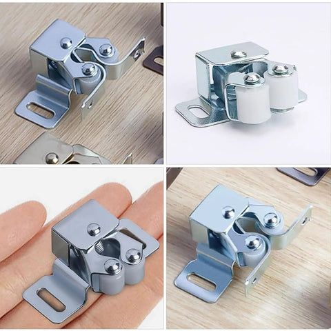 6 Pack Galvanized Double Ball Roller Cabinet Catch in Antique Bronze, close-up views of latch for furniture doors