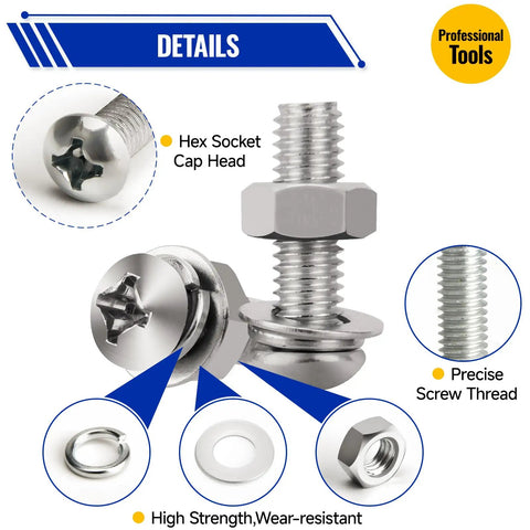 All-In-One Screw Bolt Nut Kit 1218 Pcs In Durable Storage Box 304 Stainless Steel M3 M4 M5 M6 details with hex socket and threads
