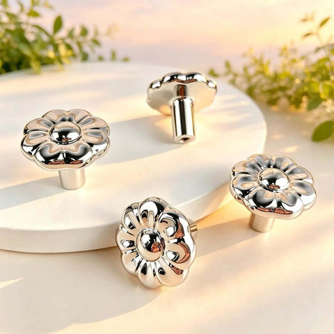 Chrome Flower Drawer Knob Set Zinc Cabinet Pulls 4 Pack with 3 Screw Sizes on display, chrome finish reflecting light.
