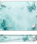 Dope Large 4 In 1 Mouse Pad Desk Pad Set With Keyboard And Mouse Wrist Rests XXL 35 By 15 Inch Non Slip Base Stitched Edges Teal Butterfly Design