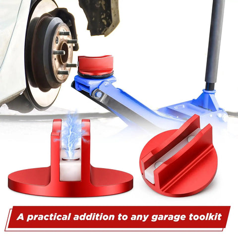 Side view of Universal Aluminum Grooved Magnetic Jack Pads 4 Pack with Pinch Weld Adapters for Cars, red anodized aluminum