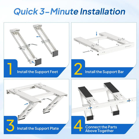 Quick installation steps for No Drill Window AC Bracket For Easy 3 Minute Install Heavy Duty Steel Construction Supports Up To 220 Lbs