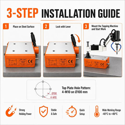 Top Shelf Electric Tapping Machine With Solid Magnetic Base M3 To M16 Flexible Speed Auto Lube Built In Air Blower Full Rotation Arm installation guide on steel surface.