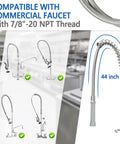 44 Inch Commercial Sink Sprayer Hose With Universal One Half Inch NPSM Female, Stainless Steel, shown with compatible faucets