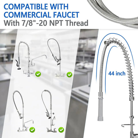 44 Inch Commercial Sink Sprayer Hose With Universal One Half Inch NPSM Female, Stainless Steel, shown with compatible faucets