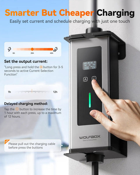 Person using Level 1 And Level 2 40 Amp EV Charger With J1772, ETL Certified, 25 Foot Cable, 208-240V, Portable Wall Or Free Standing EV Charging Station