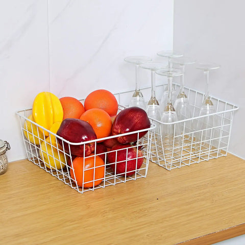 Set Of 4 White Wire Storage Baskets For Freezer, Pantry, And Bathroom Organization, 8.75 W X 11 L X 4.8 H bins holding fruits and glasses